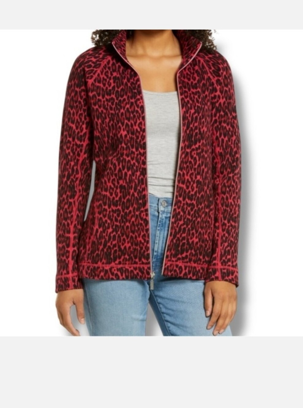 Tommy Bahama Red and Black Leopard Zip-Front Sweater